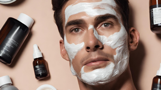 men face with skin care products
